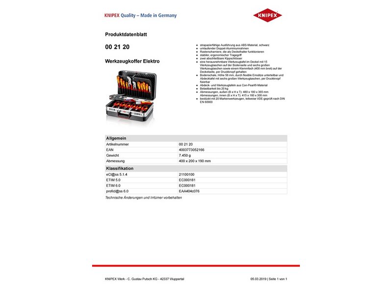Werkzeugkoffer 20-tlg.Koffer a.ABS-Material Elektroinstallation KNIPEX 