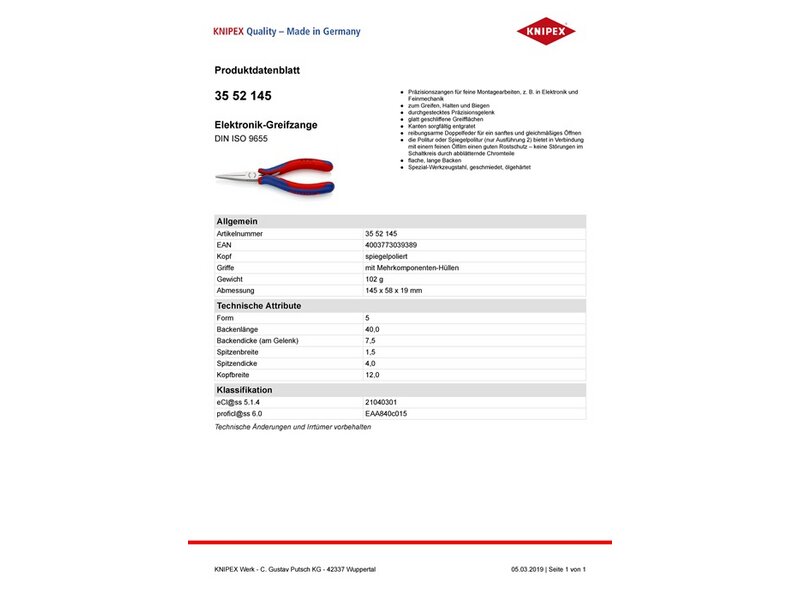 Elektronik-Greifzange Gesamt-L.145mm flachbreite Backen Form 5 Mehrkomp.-Hüllen 
