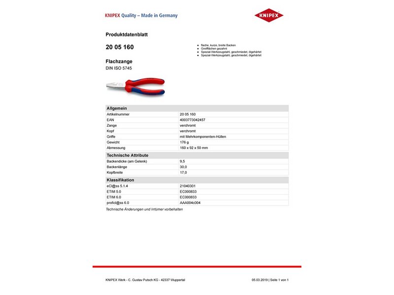 KNIPEX / Flachzange DIN ISO 5745 Gesamt-L.160mm verchr.Mehrkomp.-Hülle 
