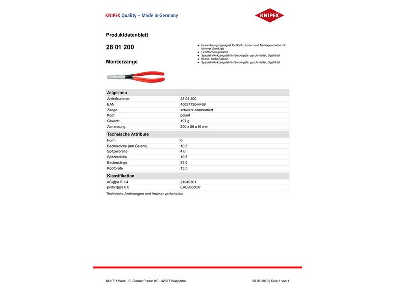 KNIPEX / Montierzange L.200mm Form 0 pol.Ku.-Überzug Spitze ger. 