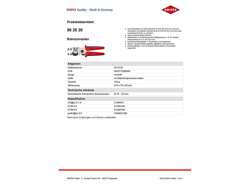 KNIPEX /Rohrschneider f.Rohre D.12-25/18-35mm L.210mm Chrom-Vanadin-Elektrostahl 