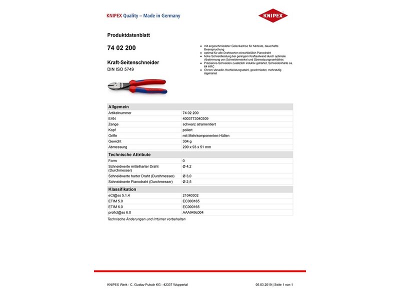 KNIPEX / Kraftseitenschneider L.200mm pol.Form 0 2K-Hülle 