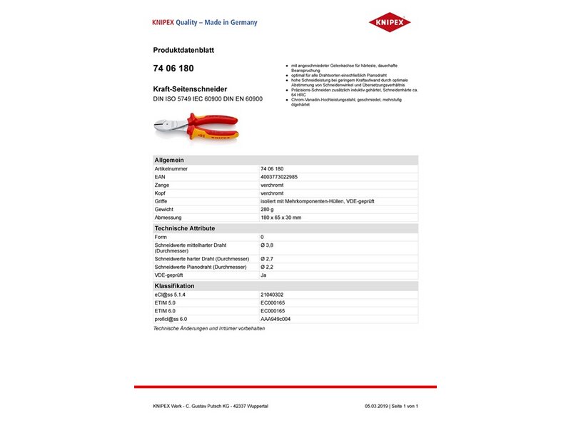 KNIPEX / Kraftseitenschneider L.180mm VDE Form 0 Mehrkomp.-Hüllen 
