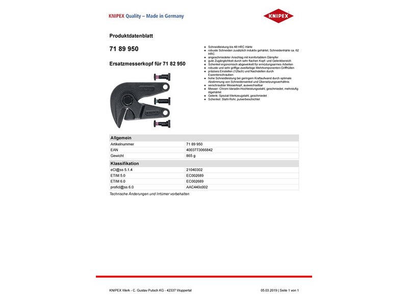 KNIPEX / Ersatzmesserkopf f.Gesamt-L.950mm 