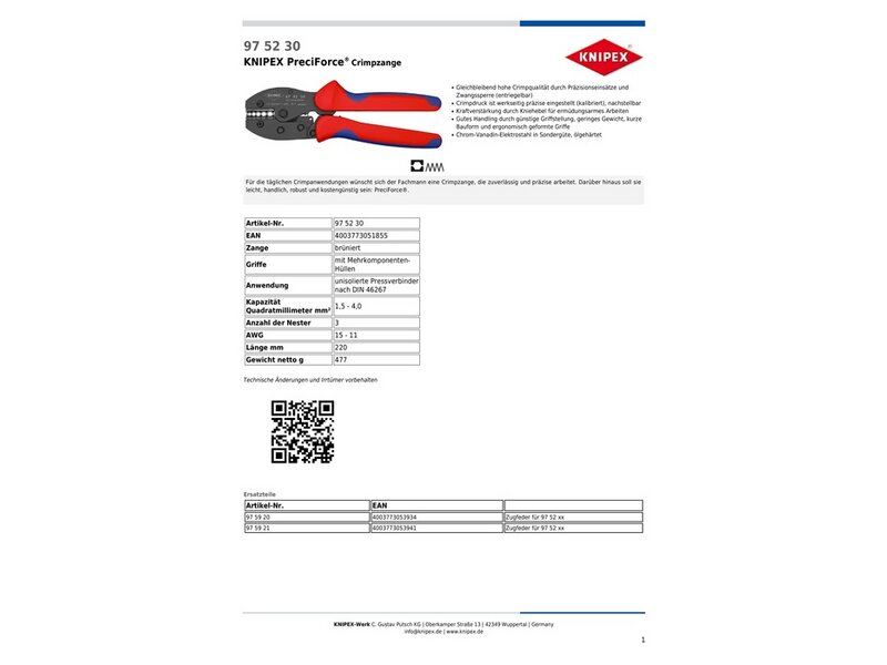 KNIPEX / Crimpzange PreciForce® L.220mm 1,5-10 (AWG 15-11) mm² 477g 