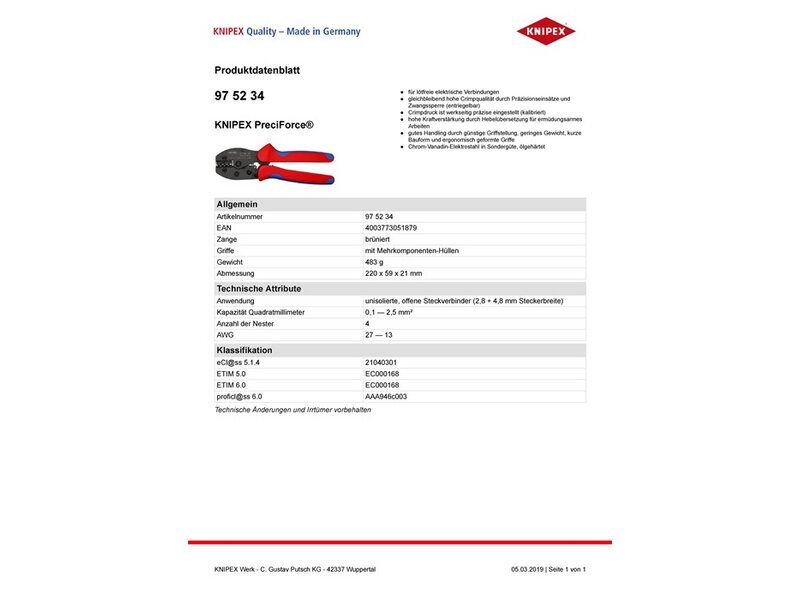 KNIPEX / Crimpzange PreciForce® L.220mm 0,1-2,5 (AWG 27-13) mm² 483g 