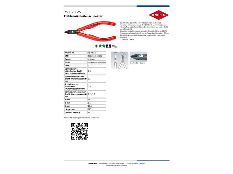 KNIPEX / Elektronik-Seitenschneider L.125mm Form 0 Facette ja 