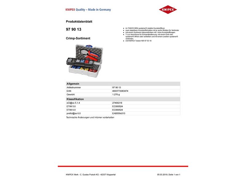 KNIPEX / Aderendhülsensortiment Twistor16 1191-tlg.0,5-16 mm² im Systainer 