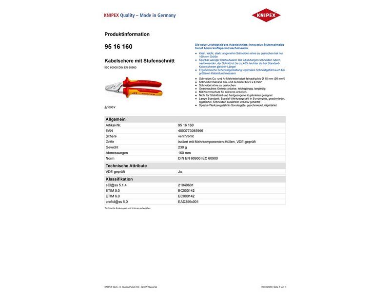 KNIPEX / Kabelschere L.160mm Kopf verchr.VDE Mehrkomp.-Hüllen Form 1 