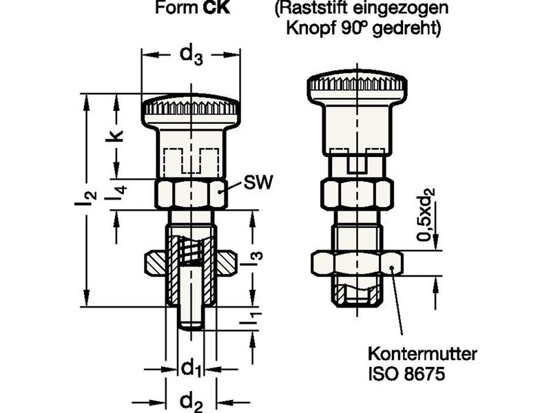 GANTER / Rastbolzen GN 817 d1 10mm d2 M16 x 1,5mm l1 12mm Stahl,o.Rastsperre, 